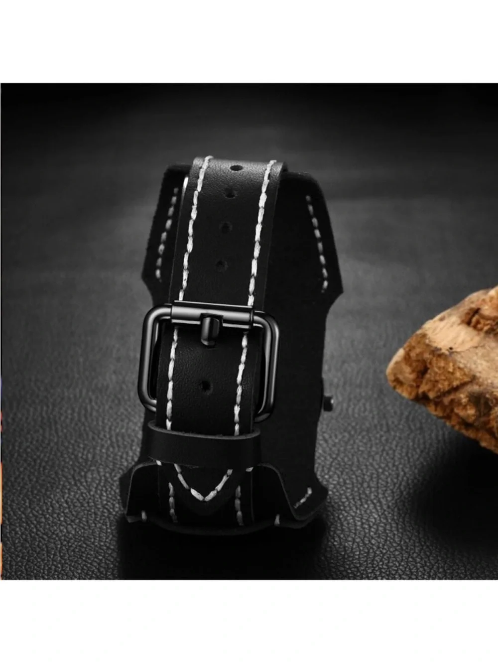 Men's Black Analog Quartz Steampunk Leather Gothic Skull Wide Cuff Wrist Watch